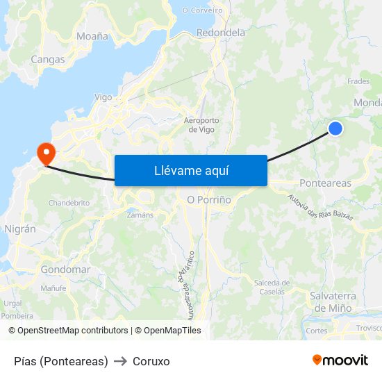 Pías (Ponteareas) to Coruxo map