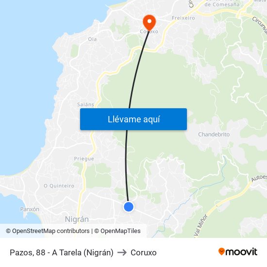 Pazos, 88 - A Tarela (Nigrán) to Coruxo map