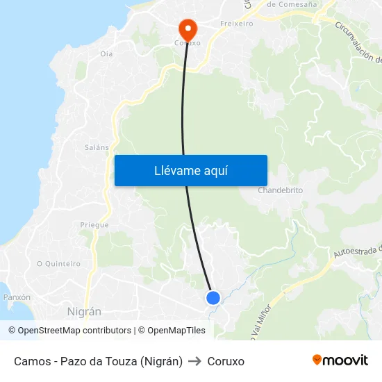 Camos - Pazo da Touza (Nigrán) to Coruxo map