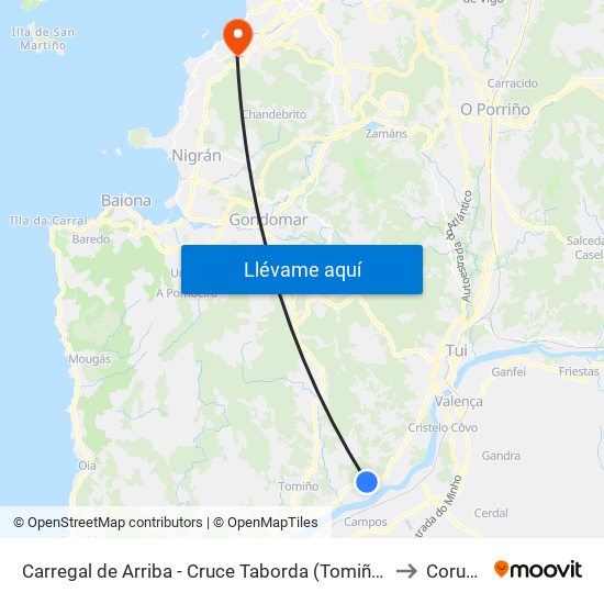 Carregal de Arriba - Cruce Taborda (Tomiño) to Coruxo map