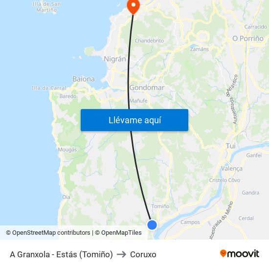 A Granxola - Estás (Tomiño) to Coruxo map