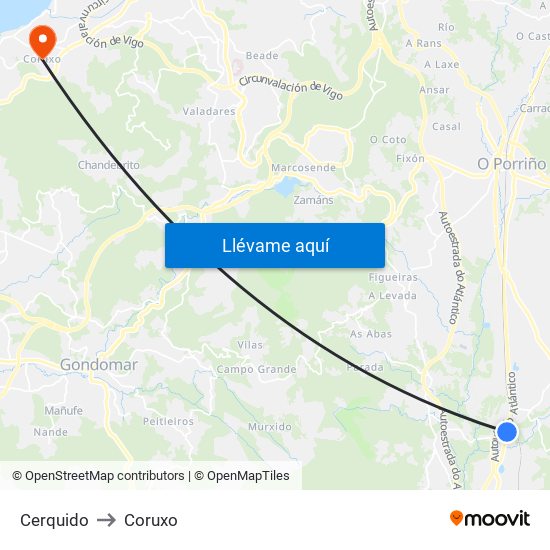 O Cerquido (Salceda de Caselas) to Coruxo map