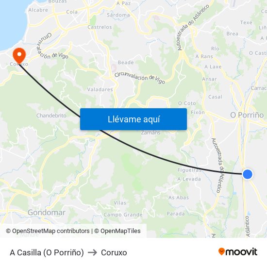 A Casilla (O Porriño) to Coruxo map
