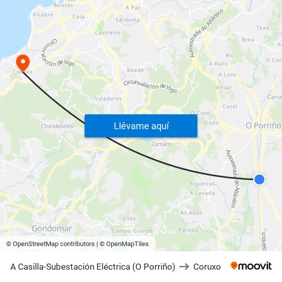 A Casilla-Subestación Eléctrica (O Porriño) to Coruxo map