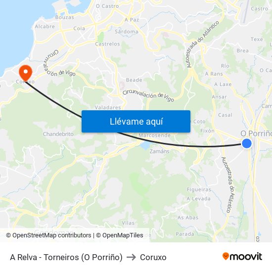 A Relva - Torneiros (O Porriño) to Coruxo map