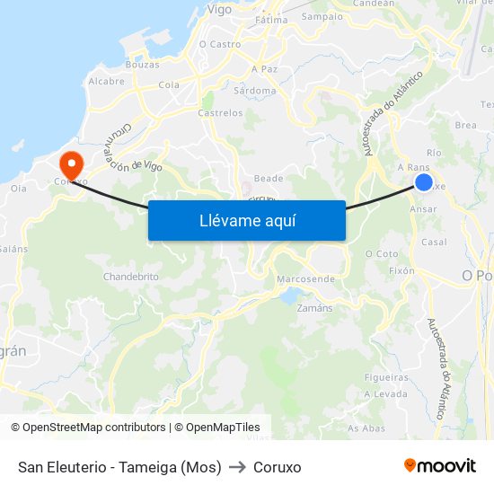 San Eleuterio - Tameiga (Mos) to Coruxo map