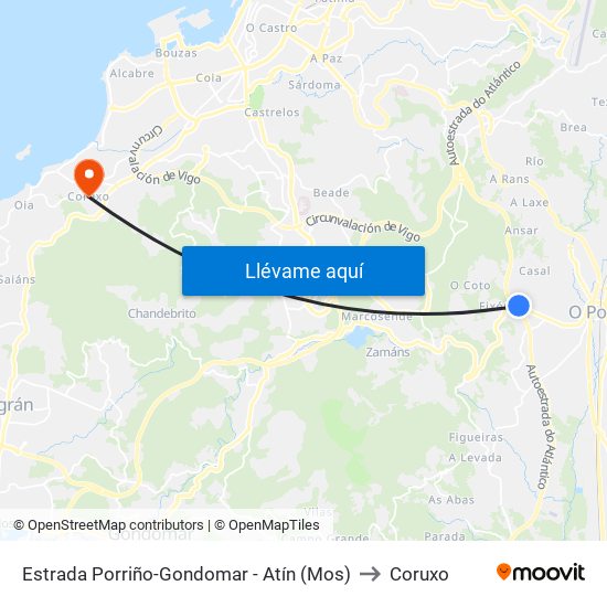 Estrada Porriño-Gondomar - Atín (Mos) to Coruxo map