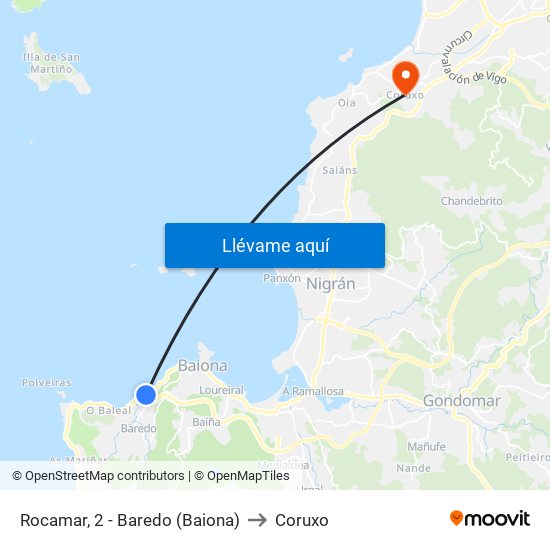 Rocamar, 2 - Baredo (Baiona) to Coruxo map