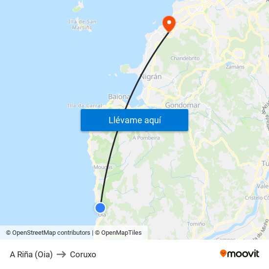 A Riña (Oia) to Coruxo map
