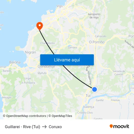 Guillarei - Rive (Tui) to Coruxo map