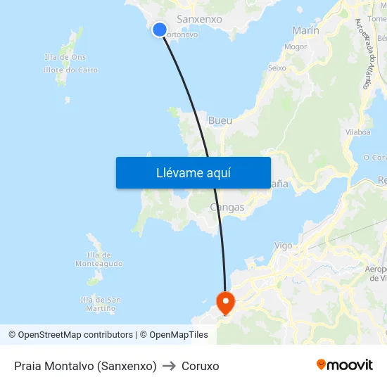 Praia Montalvo (Sanxenxo) to Coruxo map