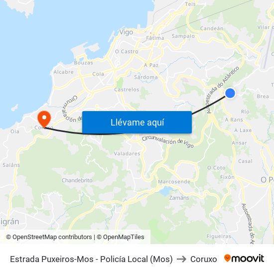 Estrada Puxeiros-Mos - Policía Local (Mos) to Coruxo map