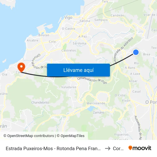 Estrada Puxeiros-Mos - Rotonda Pena Francia (Mos) to Coruxo map