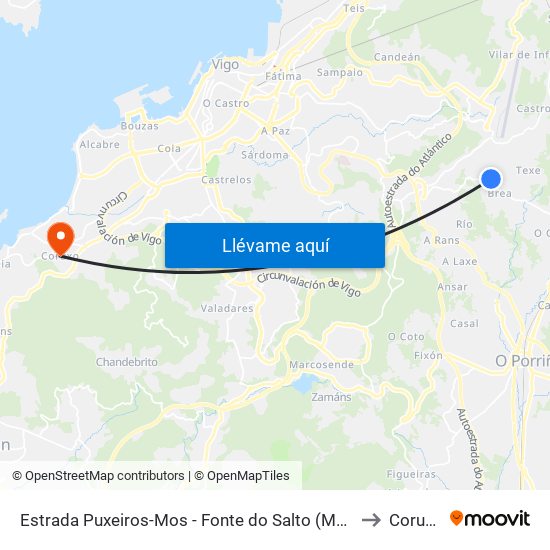 Estrada Puxeiros-Mos - Fonte do Salto (Mos) to Coruxo map