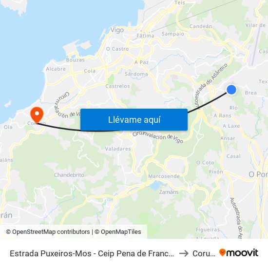 Estrada Puxeiros-Mos - Ceip Pena de Francia (Mos) to Coruxo map