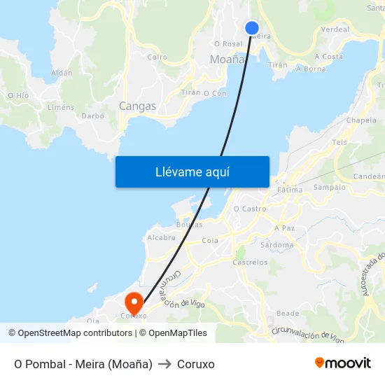 O Pombal - Meira (Moaña) to Coruxo map