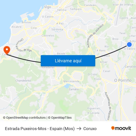 Estrada Puxeiros-Mos - Espaín (Mos) to Coruxo map
