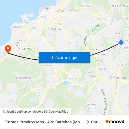 Estrada Puxeiros-Mos - Alto Barreiros (Mos) to Coruxo map