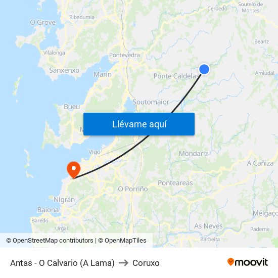 Antas - O Calvario (A Lama) to Coruxo map