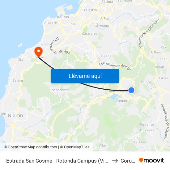 Estrada San Cosme - Rotonda Campus (Vigo) to Coruxo map