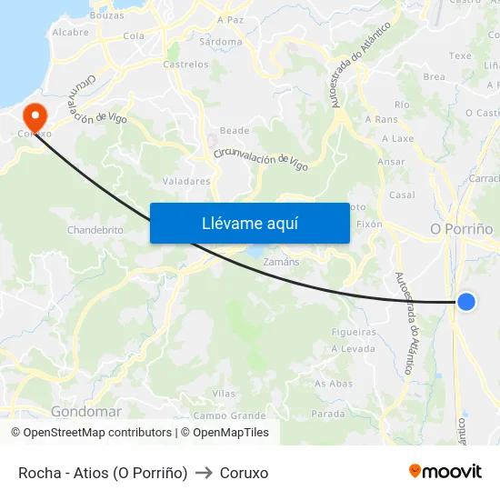 Rocha - Atios (O Porriño) to Coruxo map