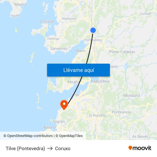 Tilve (Pontevedra) to Coruxo map