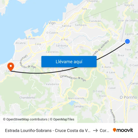 Estrada Louriño-Sobrans - Cruce Costa da Viñiña (Mos) to Coruxo map