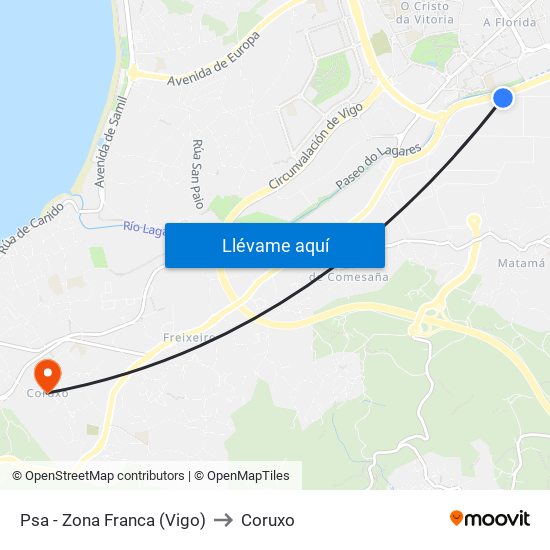 Psa - Zona Franca (Vigo) to Coruxo map