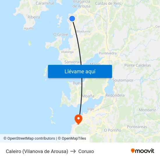 Caleiro (Vilanova de Arousa) to Coruxo map