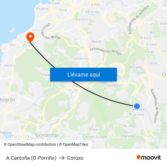 A Cantoña (O Porriño) to Coruxo map