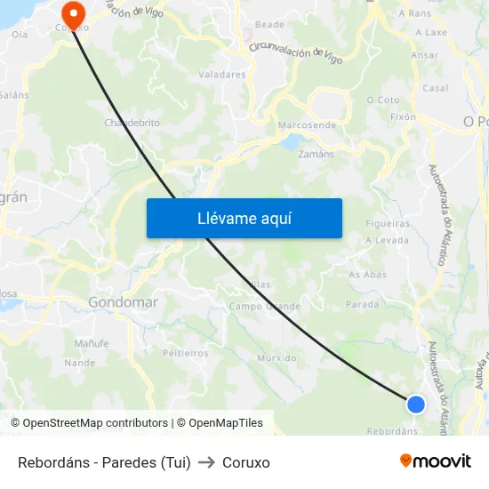 Rebordáns - Paredes (Tui) to Coruxo map