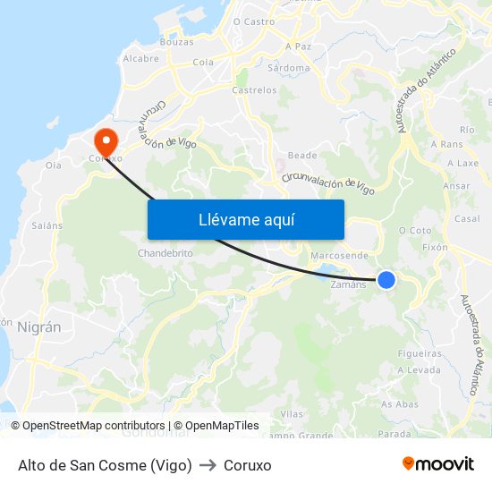 Alto de San Cosme (Vigo) to Coruxo map