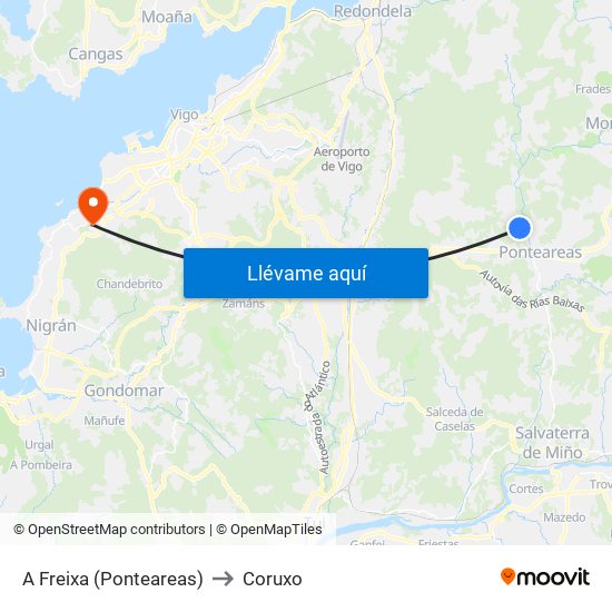 A Freixa (Ponteareas) to Coruxo map