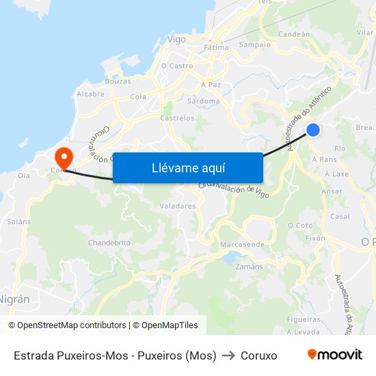 Estrada Puxeiros-Mos - Puxeiros (Mos) to Coruxo map