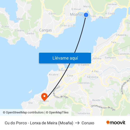 Cu do Porco - Lonxa de Meira (Moaña) to Coruxo map