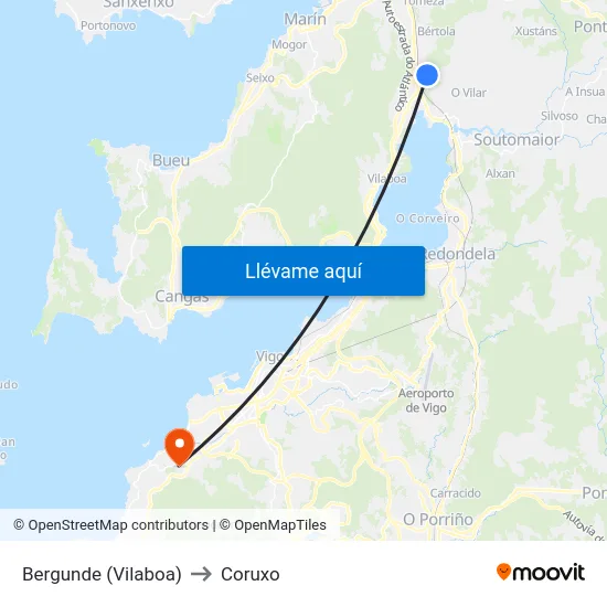 Bergunde (Vilaboa) to Coruxo map