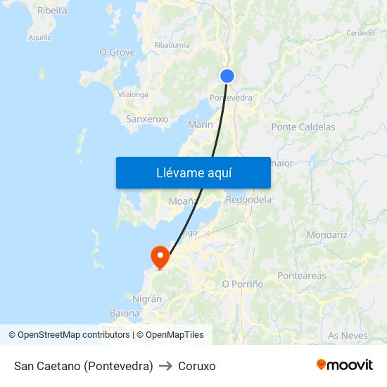 San Caetano (Pontevedra) to Coruxo map