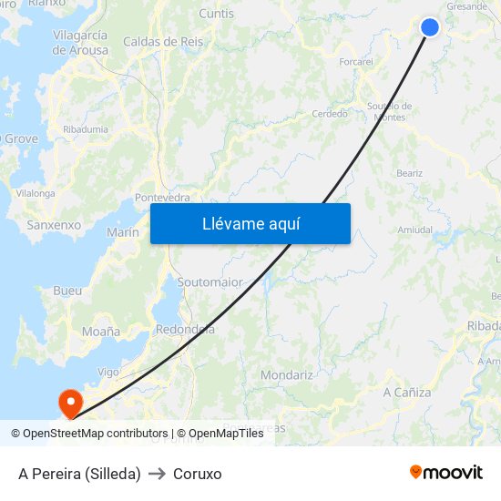 A Pereira (Silleda) to Coruxo map