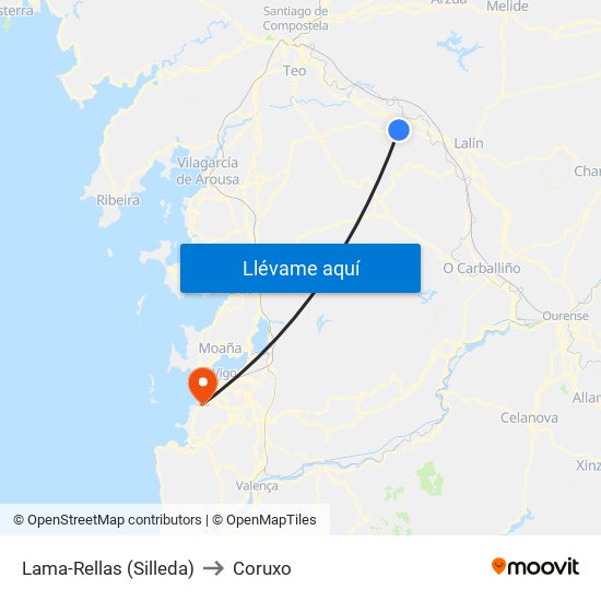 Lama-Rellas (Silleda) to Coruxo map