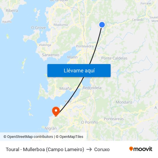 Toural - Mullerboa (Campo Lameiro) to Coruxo map