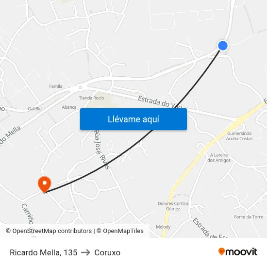 Ricardo Mella, 135 to Coruxo map