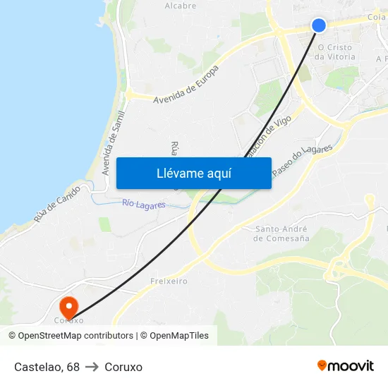 Castelao, 68 to Coruxo map