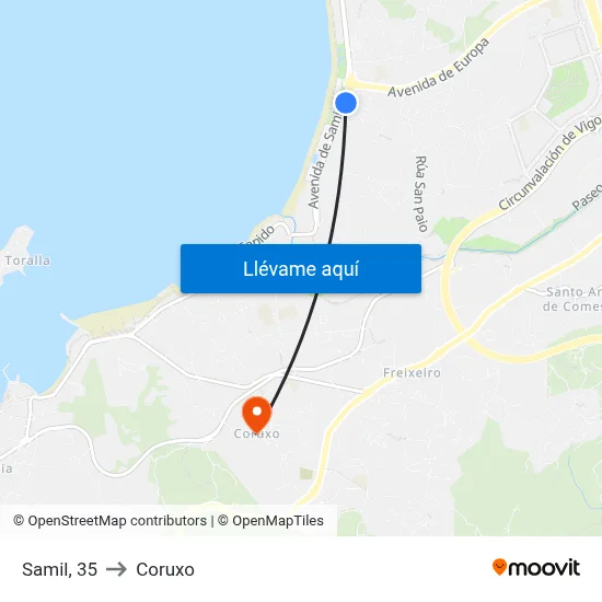 Samil, 35 to Coruxo map