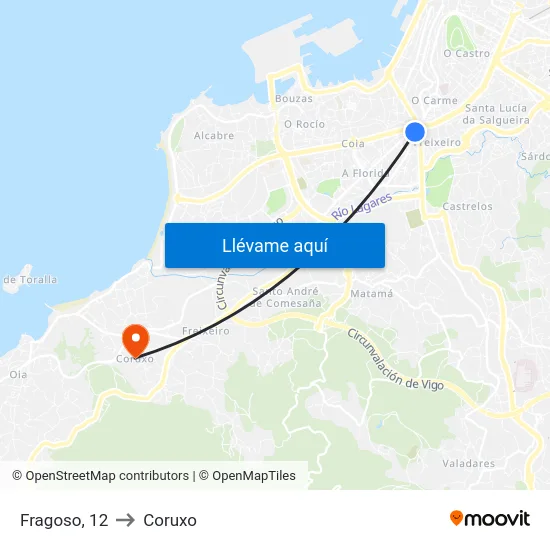 Fragoso, 12 to Coruxo map