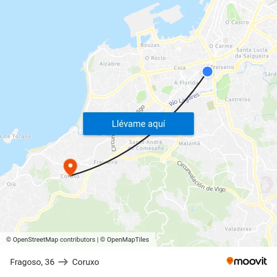 Fragoso, 36 to Coruxo map