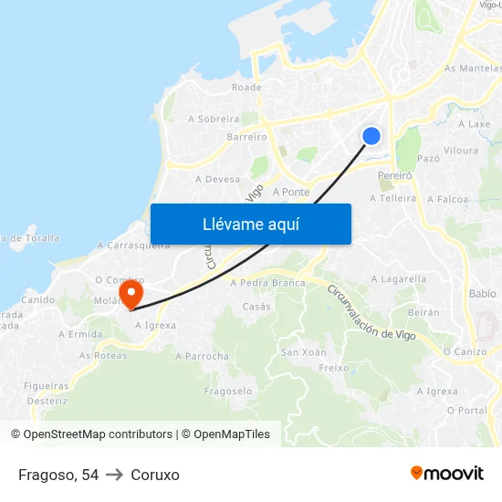 Fragoso, 54 to Coruxo map