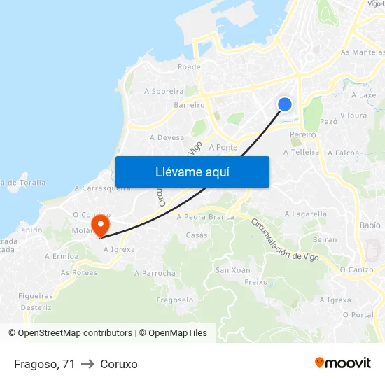 Fragoso, 71 to Coruxo map