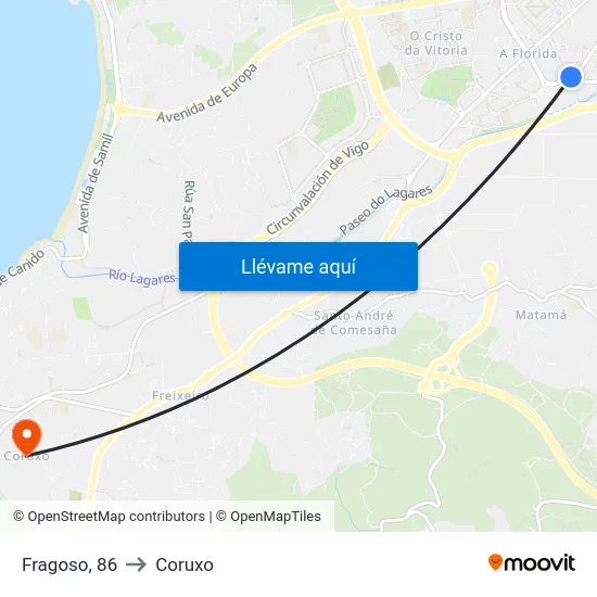 Fragoso, 86 to Coruxo map