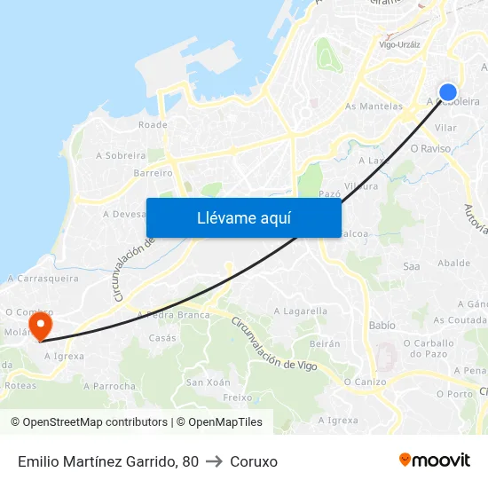 Emilio Martínez Garrido, 80 to Coruxo map