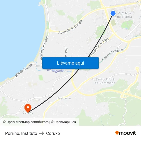 Porriño, Instituto to Coruxo map